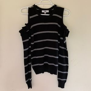 Black with White Stripes Shoulder Cut Out Sweater